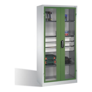 Armoire à outils C+P, portes battantes à fenêtre transparente, 3 tablettes, 3 tiroirs, H1950xL930xP500mm Façade vert réséda Corps gris clair
