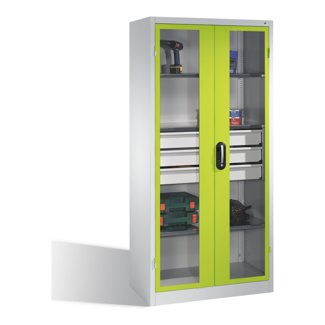 Armoire à outils C+P, portes battantes à fenêtre transparente, 3 tablettes, 3 tiroirs, H1950xL930xP500mm Façade vert viridine Corps gris clair