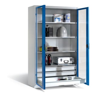 Armoire à outils C+P, portes battantes à fenêtre transparente, 4 tablettes, 3 tiroirs, H1950xL1200xP500mm Façade bleu clair Corps gris clair