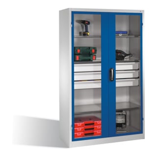 Armoire à outils C+P, portes battantes à fenêtre transparente, 4 tablettes, 3 tiroirs, H1950xL1200xP500mm Façade bleu gentiane Corps gris clair