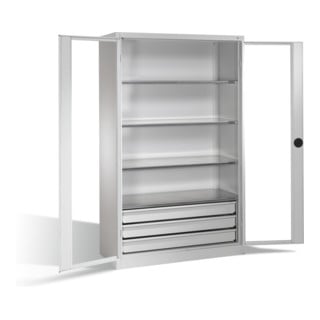 Armoire à outils C+P, portes battantes à fenêtre transparente, 4 tablettes, 3 tiroirs, H1950xL1200xP500mm Façade gris clair Corps gris clair