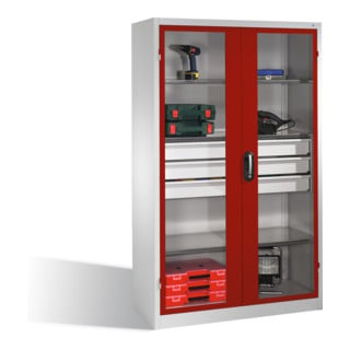 Armoire à outils C+P, portes battantes à fenêtre transparente, 4 tablettes, 3 tiroirs, H1950xL1200xP500mm Façade rouge rubis Corps gris clair