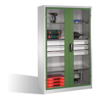 Armoire à outils C+P, portes battantes à fenêtre transparente, 4 tablettes, 3 tiroirs, H1950xL1200xP500mm Façade vert réséda Corps gris clair