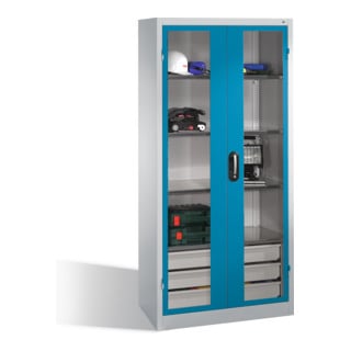 Armoire à outils C+P, portes battantes à fenêtre transparente, 4 tablettes, 3 tiroirs, H1950xL930xP500mm Façade bleu clair Corps gris clair