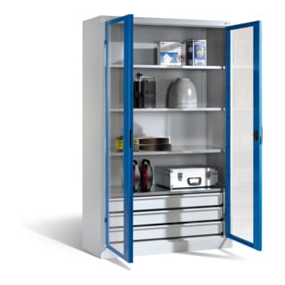 Armoire à outils C+P, portes battantes à fenêtre transparente, 4 tablettes, 3 tiroirs, H1950xL930xP500mm Façade bleu gentiane Corps gris clair