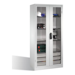 Armoire à outils C+P, portes battantes à fenêtre transparente, 4 tablettes, 3 tiroirs, H1950xL930xP500mm Façade gris clair Corps gris clair