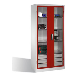 Armoire à outils C+P, portes battantes à fenêtre transparente, 4 tablettes, 3 tiroirs, H1950xL930xP500mm Façade rouge rubis Corps gris clair