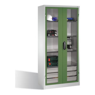 Armoire à outils C+P, portes battantes à fenêtre transparente, 4 tablettes, 3 tiroirs, H1950xL930xP500mm Façade vert réséda Corps gris clair