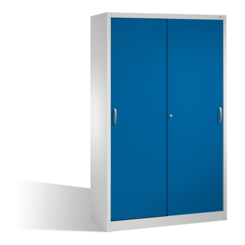 Armoire à outils C+P pour charges lourdes avec portes coulissantes, 4 étagères, H1950xL1200xP500mm façade gentiane bleue carcasse gris clair