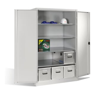Armoire à outils C+P pour charges lourdes XXL avec portes battantes, 4 tablettes intérieures, H1950xL1200xP800mm Façade gris clair Corps gris clair