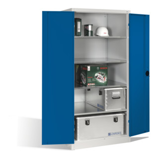 Armoire à outils C+P pour charges lourdes XXL avec portes battantes, 4 tablettes intérieures, H1950xL930xP800mm Façade bleu gentiane Corps gris clair