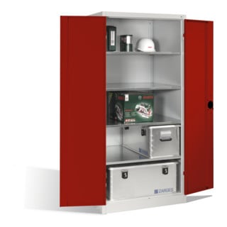Armoire à outils C+P pour charges lourdes XXL avec portes battantes, 4 tablettes intérieures, H1950xL930xP800mm Façade rouge rubis Corps gris clair