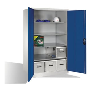 Armoire à outils C+P XXL avec portes battantes, 4 tablettes intérieures, H1950xL1200xP800mm Façade bleu gentiane Corps gris clair