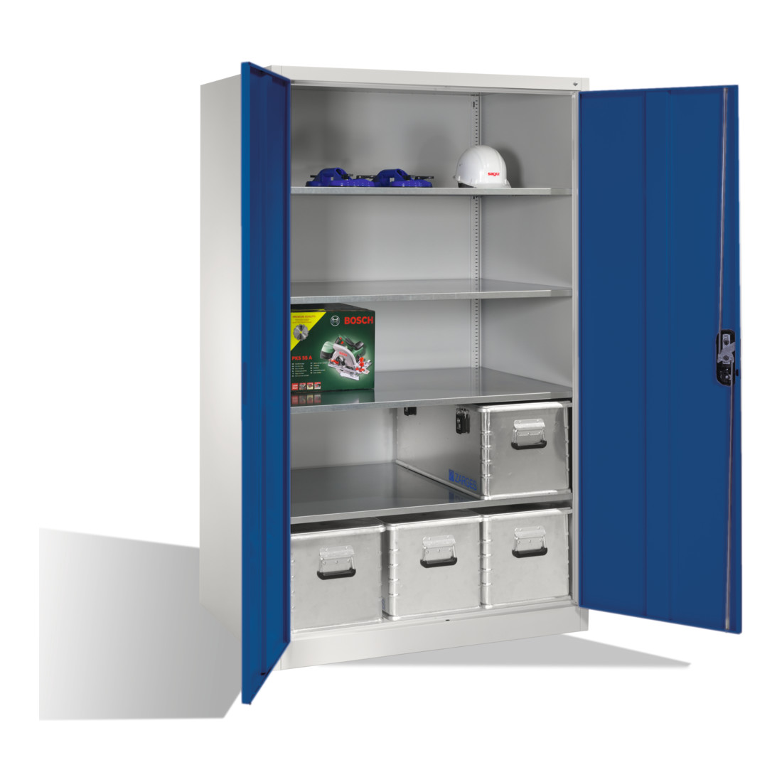 Armoire à outils C+P XXL avec portes battantes, 4 tablettes intérieures, H1950xL1200xP800mm Façade bleu gentiane Corps gris clair