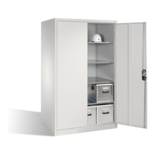 Armoire à outils C+P XXL avec portes battantes, 4 tablettes intérieures, H1950xL1200xP800mm Façade gris clair Corps gris clair