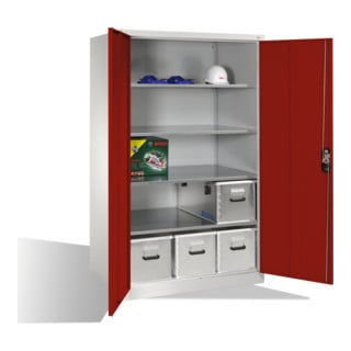 Armoire à outils C+P XXL avec portes battantes, 4 tablettes intérieures, H1950xL1200xP800mm Façade rouge rubis Corps gris clair