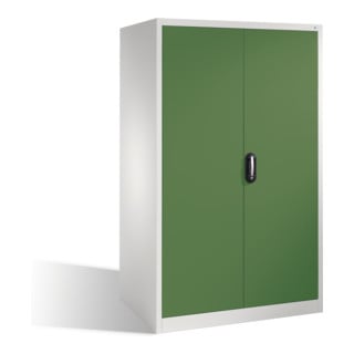 Armoire à outils C+P XXL avec portes battantes, 4 tablettes intérieures, H1950xL1200xP800mm Façade vert réséda Corps gris clair