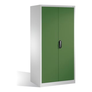 Armoire à outils C+P XXL avec portes battantes, 4 tablettes intérieures, H1950xL930xP800mm Façade vert réséda Corps gris clair