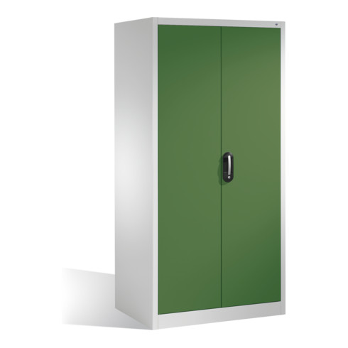 Armoire à outils C+P XXL avec portes battantes, 4 tablettes intérieures, H1950xL930xP800mm Façade vert réséda Corps gris clair