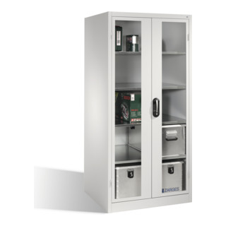 Armoire à outils C+P XXL avec portes battantes à fenêtre transparente, 4 tablettes à l'intérieur, H1950xL930xP800mm Façade gris clair Corps gris clair