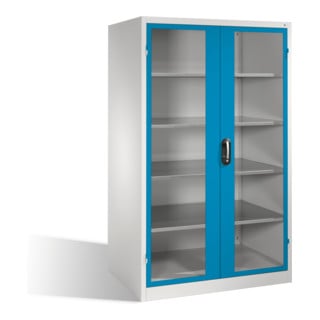 Armoire à outils C+P XXL avec portes battantes à fenêtre transparente, 4 tablettes, H1950xL1200xP800mm Façade bleu clair Corps gris clair