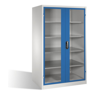 Armoire à outils C+P XXL avec portes battantes à fenêtre transparente, 4 tablettes, H1950xL1200xP800mm Façade bleu gentiane Corps gris clair