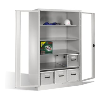 Armoire à outils C+P XXL avec portes battantes à fenêtre transparente, 4 tablettes, H1950xL1200xP800mm Façade gris clair Corps gris clair