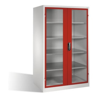 Armoire à outils C+P XXL avec portes battantes à fenêtre transparente, 4 tablettes, H1950xL1200xP800mm Façade rouge rubis Corps gris clair