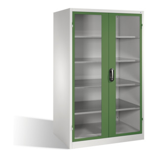 Armoire à outils C+P XXL avec portes battantes à fenêtre transparente, 4 tablettes, H1950xL1200xP800mm Façade vert réséda Corps gris clair