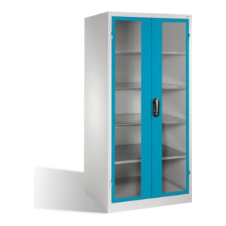 Armoire à outils C+P XXL avec portes battantes à fenêtre transparente, 4 tablettes intérieures, H1950xL930xP800mm Façade bleu clair Corps gris clair