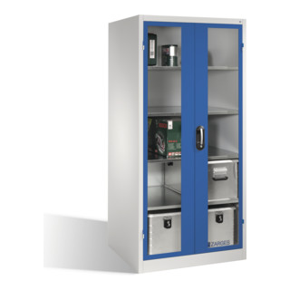 Armoire à outils C+P XXL avec portes battantes à fenêtre transparente, 4 tablettes intérieures, H1950xL930xP800mm Façade bleu gentiane Corps gris clair