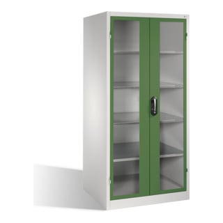 Armoire à outils C+P XXL avec portes battantes à fenêtre transparente, 4 tablettes intérieures, H1950xL930xP800mm Façade vert réséda Corps gris clair