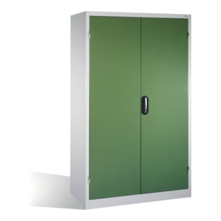 Armoire à outils pour charges lourdes C+P avec portes battantes, 4 tablettes intérieures, H1950xL1200xP500mm Façade vert réséda Corps gris clair