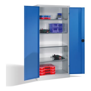 Armoire à outils pour charges lourdes C+P avec portes battantes, 4 tablettes intérieures, H1950xL930xP500mm Façade bleu clair Corps gris clair