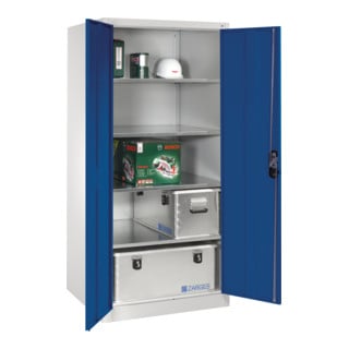 Armoire à outils XXL de C+Pavec portes battantes, 4 tablettes intérieures, H1950xL930xP800mm Façade bleu gentiane Corps gris clair