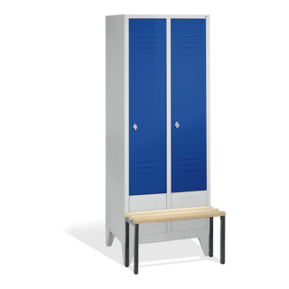 C+P Vestiaire Classic avec banc, 2 compartiments, H1850×I810×P500/815 mm, façade bleu gentiane, corps gris clair
