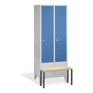 C+P Vestiaire Classic avec banc, 2 compartiments, H1850×I810×P500/815mm, façade bleu clair, corps gris clair