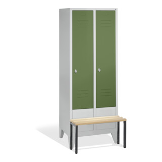 C+P Vestiaire Classic avec banc, 2 compartiments, H1850×I810×P500/815 mm, façade vert réséda, corps gris clair