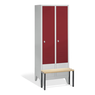 C+P Vestiaire Classic avec banc, 2 compartiments, H1850×I810×P500/815mm, façade rubis rouge, corps gris clair