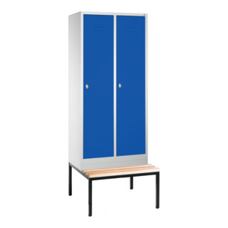 C+P Vestiaire Classic avec banc, 2 compartiments, H2090×I810×P500/815mm, façade bleu gentiane, corps gris clair