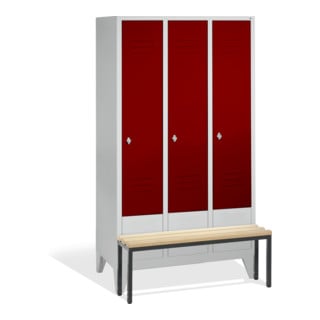 C+P Vestiaire Classic avec banc, 3 compartiments, H1850×I1200×P500/815mm, façade rubis, corps gris clair