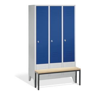 C+P Vestiaire Classic avec banc, 3 compartiments, H1850×I1200×P500/815mm, façade bleu gentiane, corps gris clair