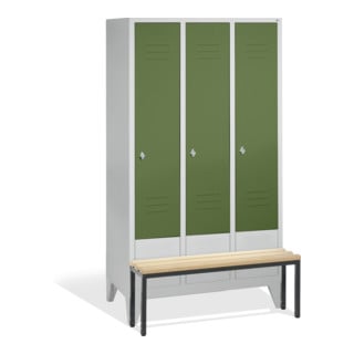 C+P Vestiaire Classic avec banc, 3 compartiments, H1850×I1200×P500/815mm, façade vert réséda, corps gris clair