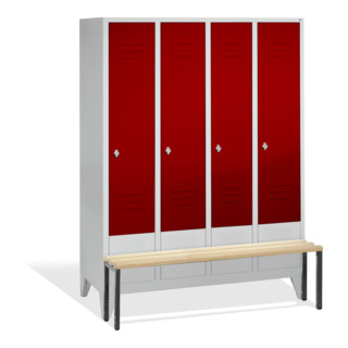 C+P Vestiaire Classic avec banc, 4 compartiments, H1850×I1590×P500/815mm façade rubis rouge corps gris clair