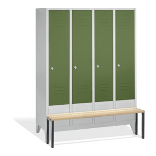 C+P Vestiaire Classic avec banc, 4 compartiments, H1850×I1590×P500/815 mm, façade vert réséda, corps gris clair