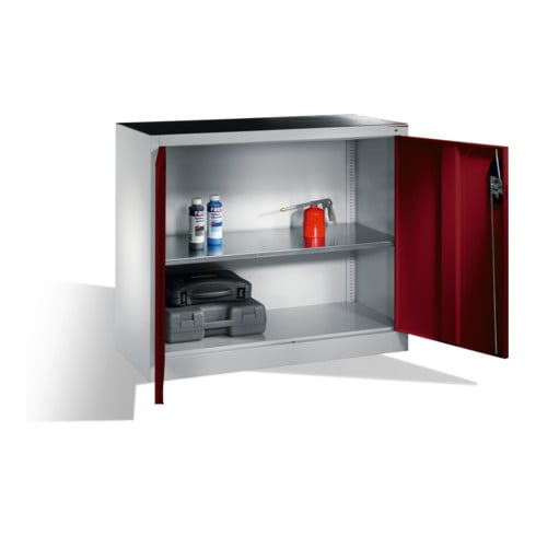 Armoire d'appoint à outils C+P avec portes battantes, 1 tablette intérieure, H1000xL1200xP400mm Façade rouge rubis Corps gris clair