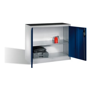 Armoire d'appoint à outils C+P avec portes battantes, 1 tablette intérieure, H1000xL1200xP500mm Façade bleu gentiane Corps gris clair
