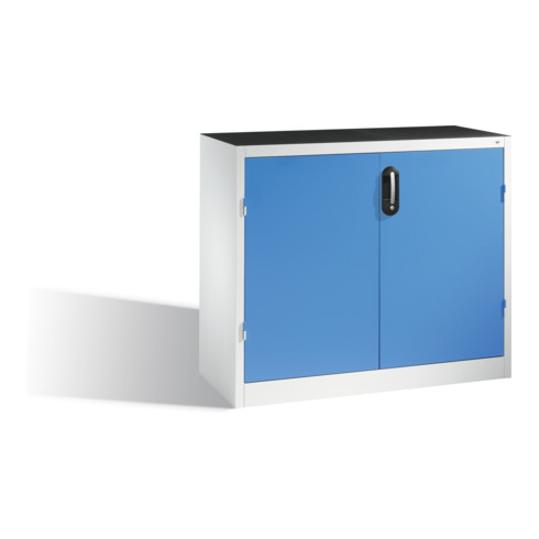 Armoire d'appoint à outils C+P avec portes battantes, 2 tablettes et 3 tiroirs, H1000xL1200xP500mm Façade bleu clair Corps gris clair