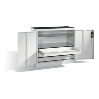 Armoire d'appoint à outils C+P avec portes battantes, 2 tablettes et 3 tiroirs, H1000xL1200xP500mm Façade gris clair Corps gris clair
