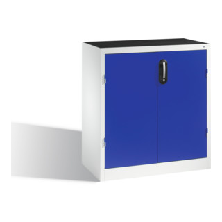 Armoire d'appoint à outils C+P avec portes battantes, 2 tablettes et 3 tiroirs, H1000xL930xP500mm Façade bleu gentiane Corps gris clair